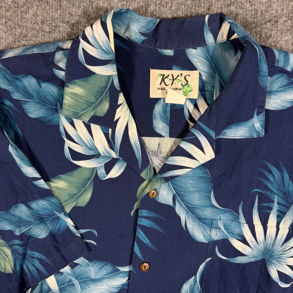 KY'S Hawaiian‎ Shirt Aloha Mens 2XL Blue Cotton Tropical Palm Leaf EUC